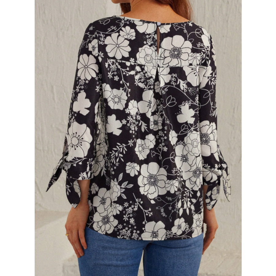 Printed Round Neck Three-Quarter Sleeve Blouse Apparel and Accessories