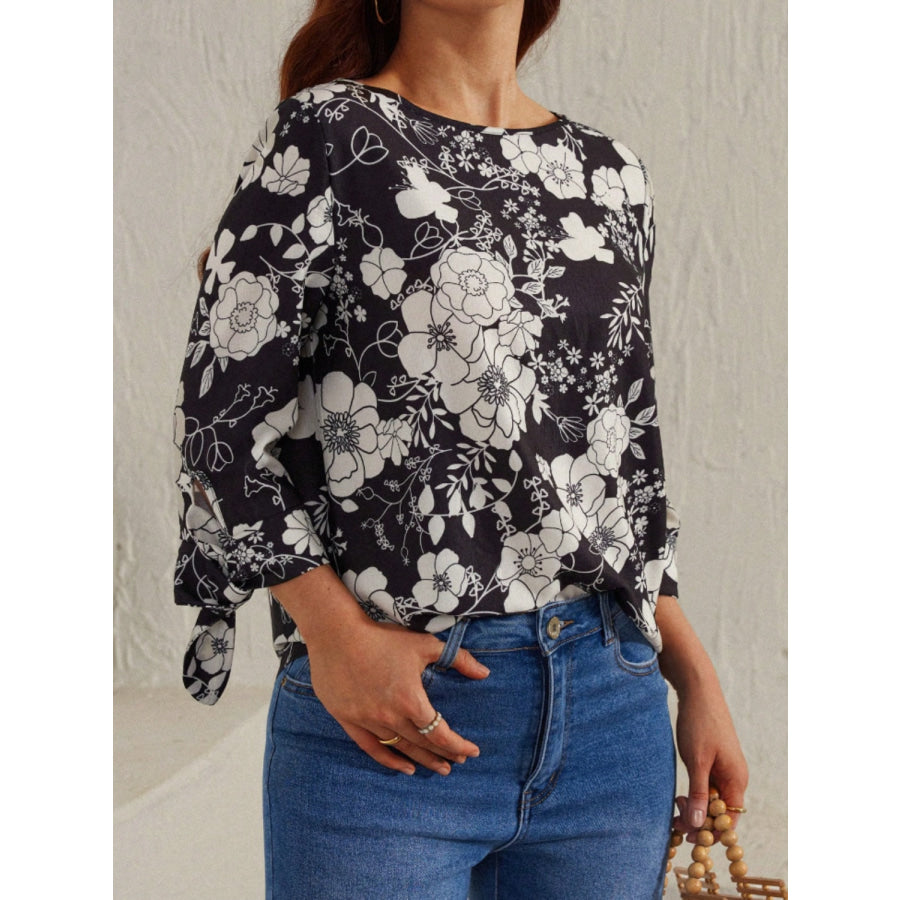 Printed Round Neck Three-Quarter Sleeve Blouse Apparel and Accessories