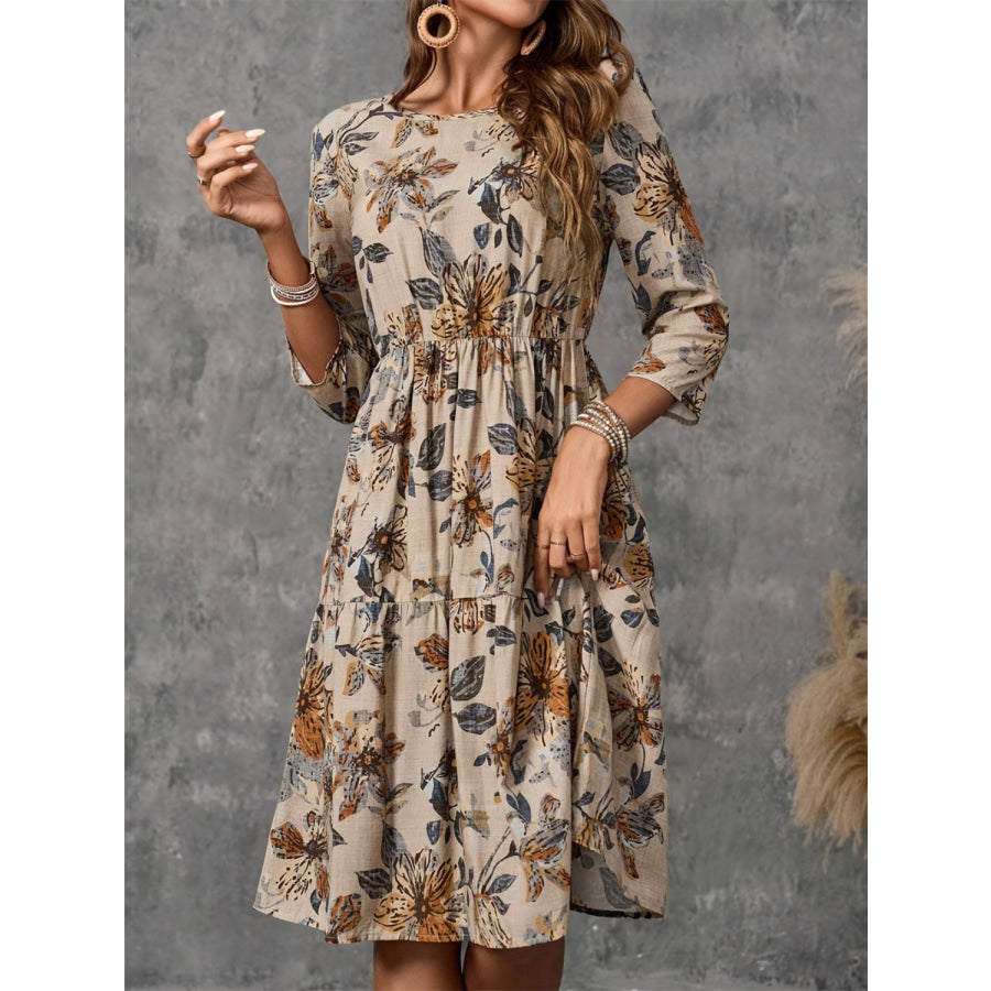 Printed Round Neck Three-Quarter Sleeve Dress Apparel and Accessories