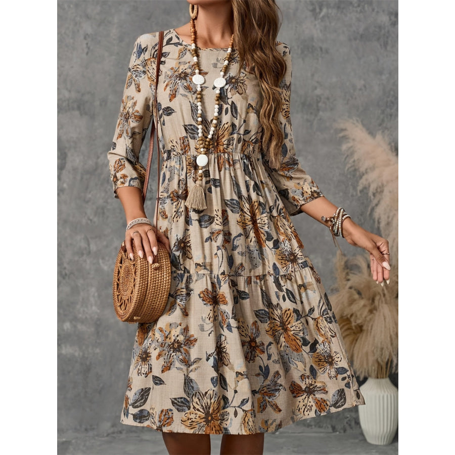 Printed Round Neck Three-Quarter Sleeve Dress Apparel and Accessories