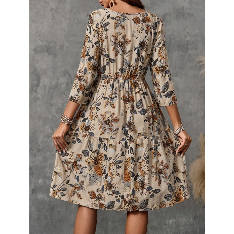 Printed Round Neck Three-Quarter Sleeve Dress Apparel and Accessories