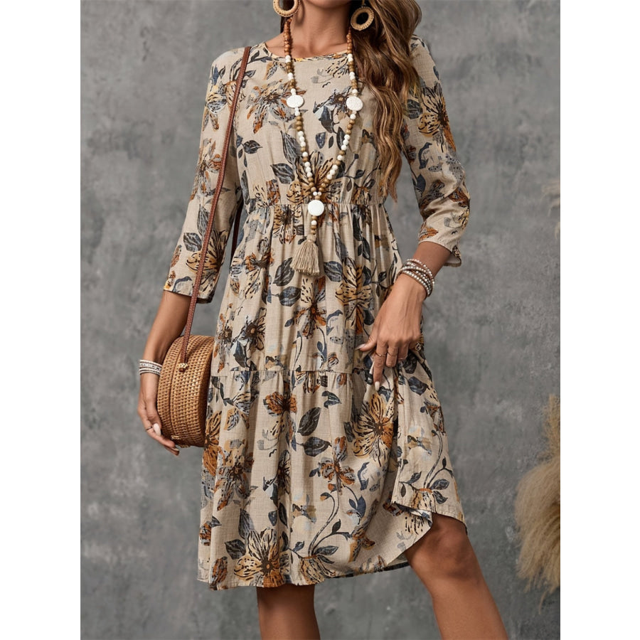 Printed Round Neck Three-Quarter Sleeve Dress Apparel and Accessories