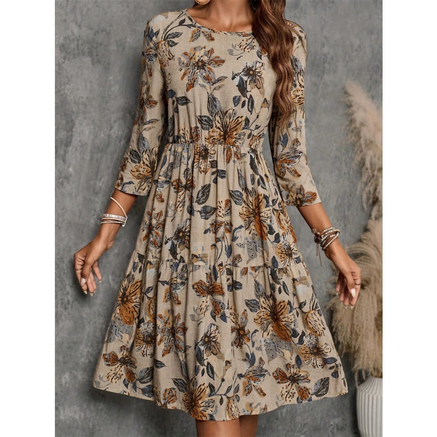 Printed Round Neck Three-Quarter Sleeve Dress Khaki / S Apparel and Accessories