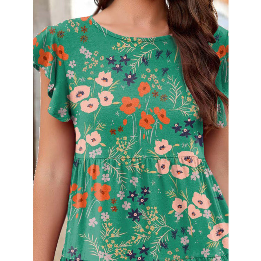 Printed Round Neck Tiered Dress Apparel and Accessories