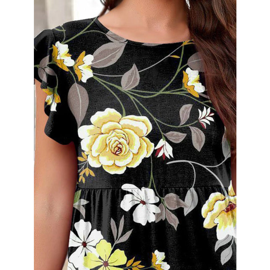 Printed Round Neck Tiered Dress Apparel and Accessories