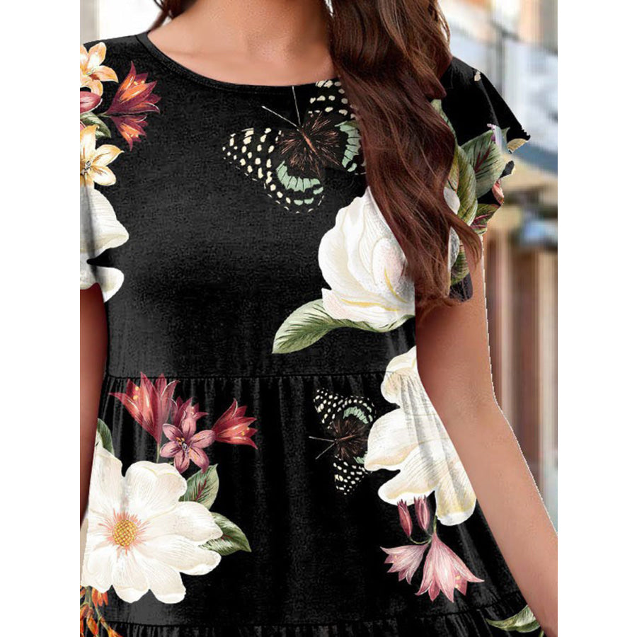 Printed Round Neck Tiered Dress Apparel and Accessories