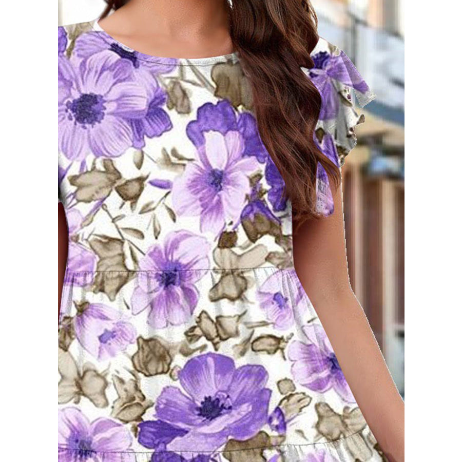 Printed Round Neck Tiered Dress Apparel and Accessories