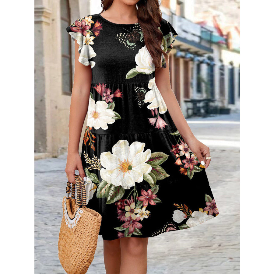 Printed Round Neck Tiered Dress Black / S Apparel and Accessories