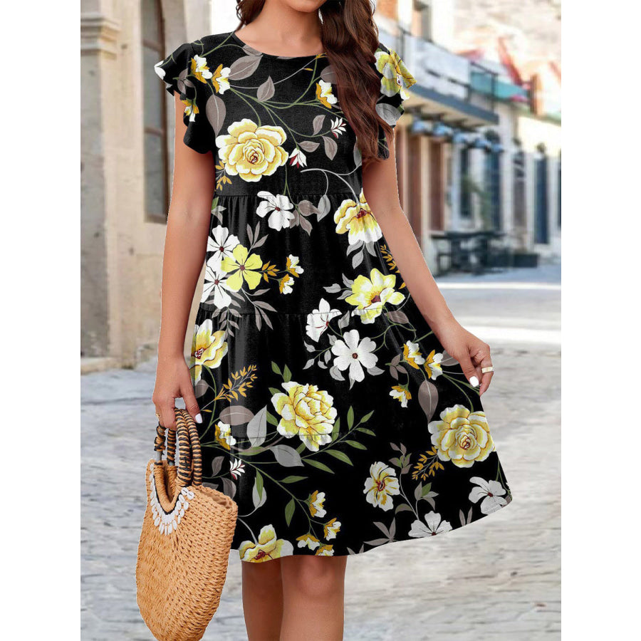 Printed Round Neck Tiered Dress Chartreuse / S Apparel and Accessories