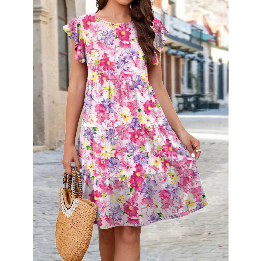 Printed Round Neck Tiered Dress Deep Rose / S Apparel and Accessories