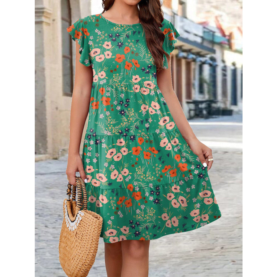 Printed Round Neck Tiered Dress Green / S Apparel and Accessories