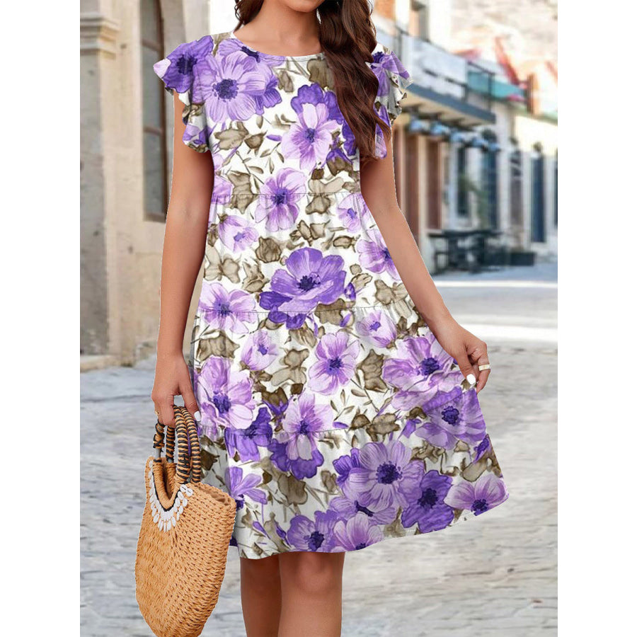 Printed Round Neck Tiered Dress Purple / S Apparel and Accessories