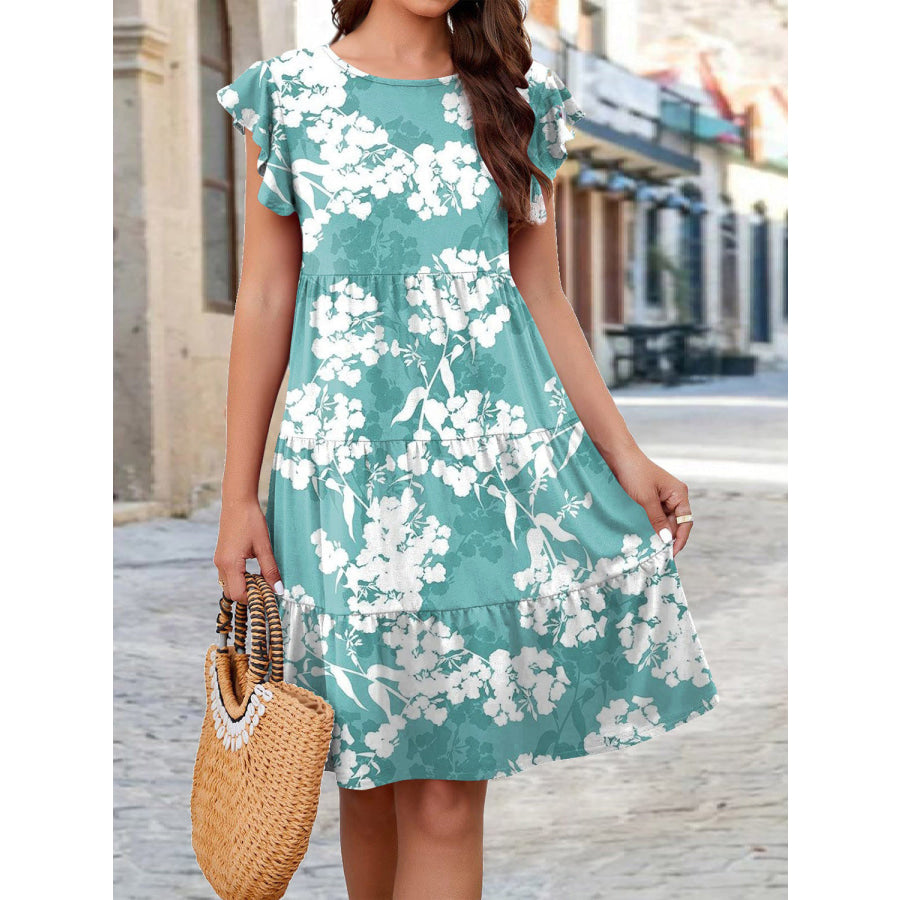 Printed Round Neck Tiered Dress Turquoise / S Apparel and Accessories