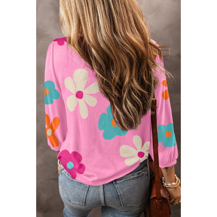 Printed Round Neck Top Pink / S Apparel and Accessories