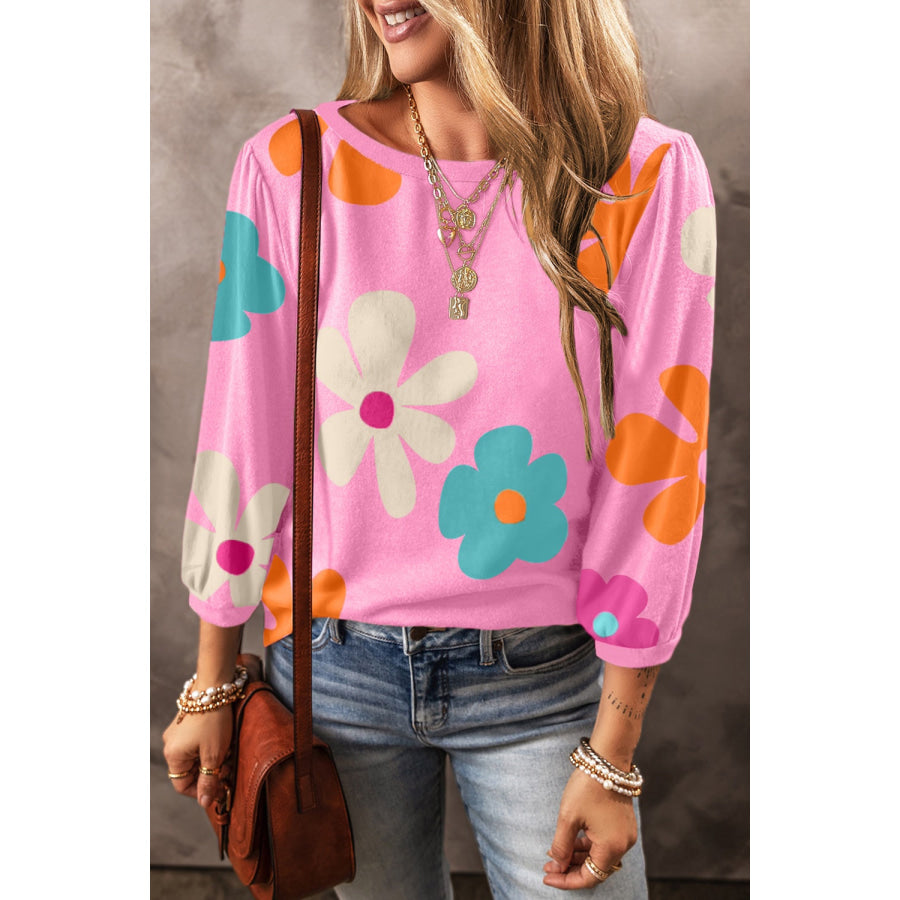 Printed Round Neck Top Pink / S Apparel and Accessories