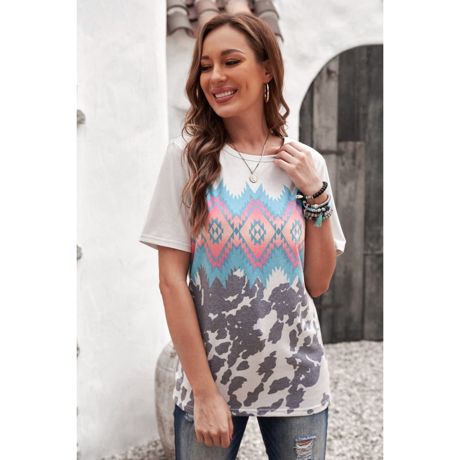 Printed Round Neck Tunic Tee Multicolor / S