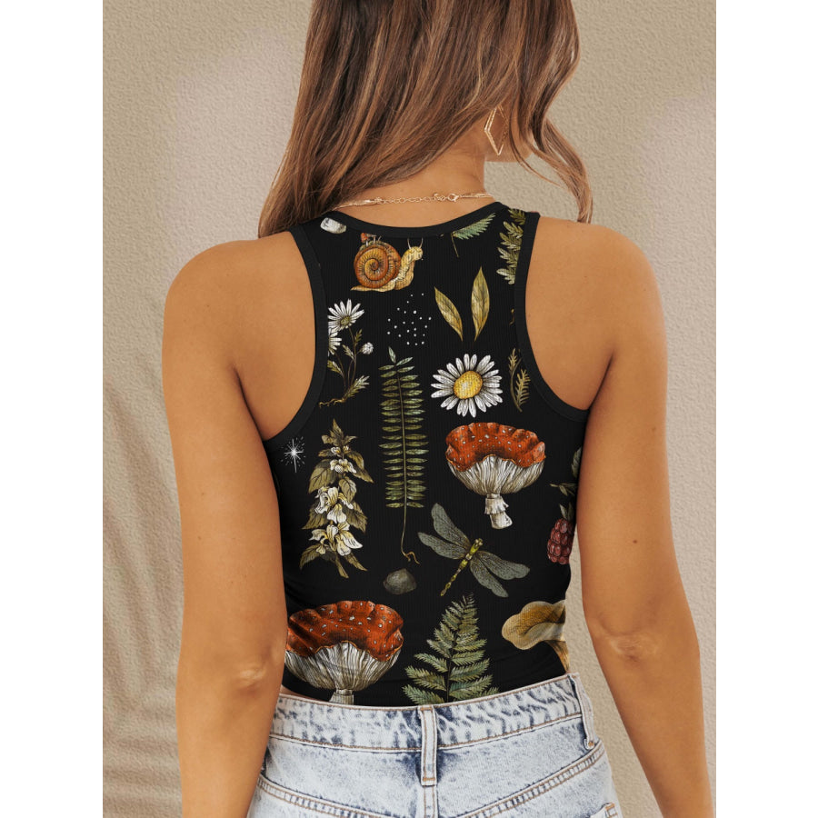 Printed Round Neck Wide Strap Tank Apparel and Accessories