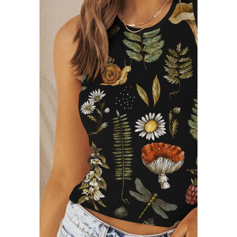 Printed Round Neck Wide Strap Tank Apparel and Accessories