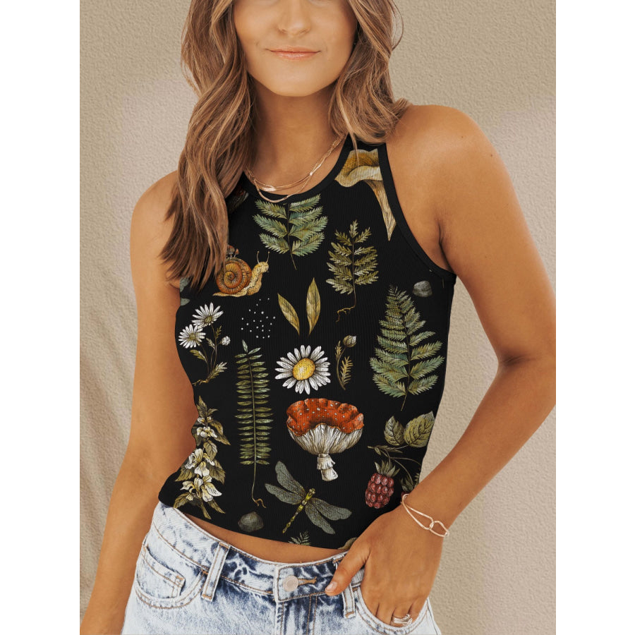 Printed Round Neck Wide Strap Tank Black / S Apparel and Accessories