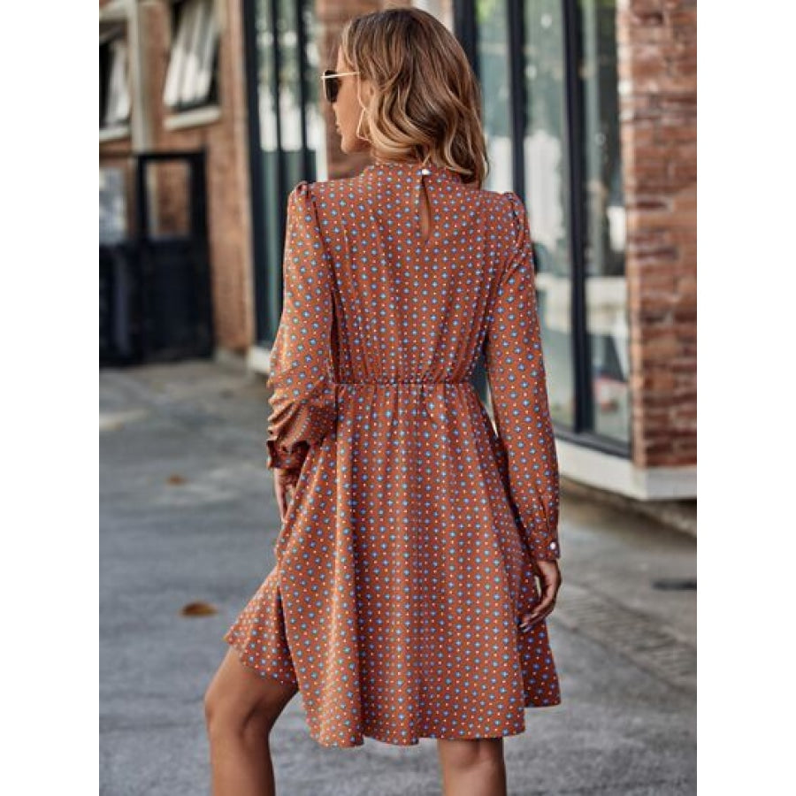 Printed Ruched Mock Neck Long Sleeve Dress Clothing