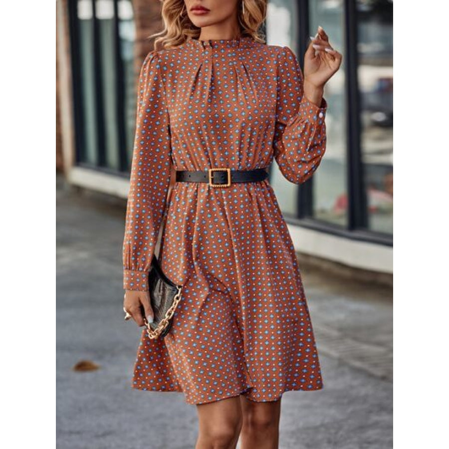 Printed Ruched Mock Neck Long Sleeve Dress Clothing