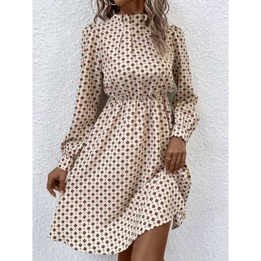 Printed Ruched Mock Neck Long Sleeve Dress Clothing