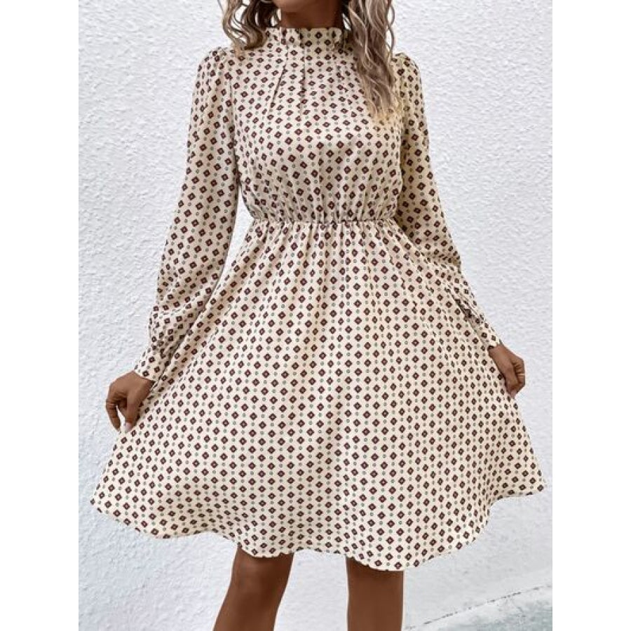 Printed Ruched Mock Neck Long Sleeve Dress Clothing