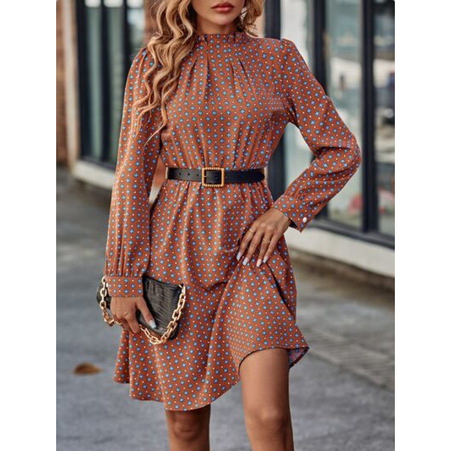 Printed Ruched Mock Neck Long Sleeve Dress Clothing