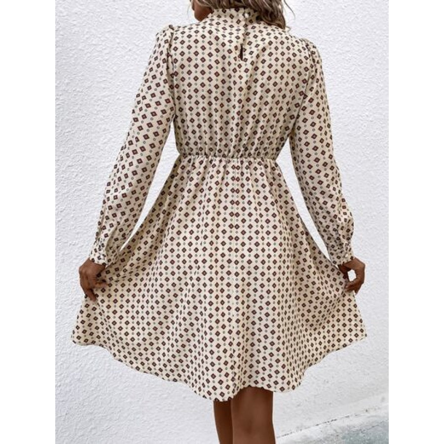 Printed Ruched Mock Neck Long Sleeve Dress Clothing