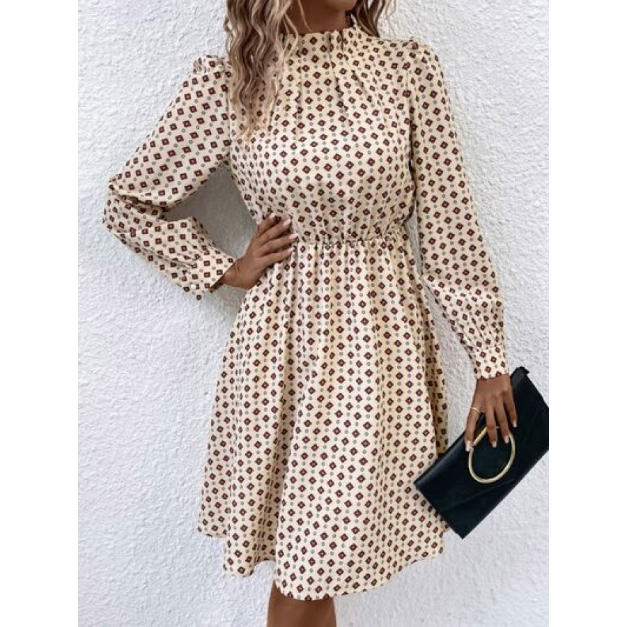 Printed Ruched Mock Neck Long Sleeve Dress Eggshell / S Clothing