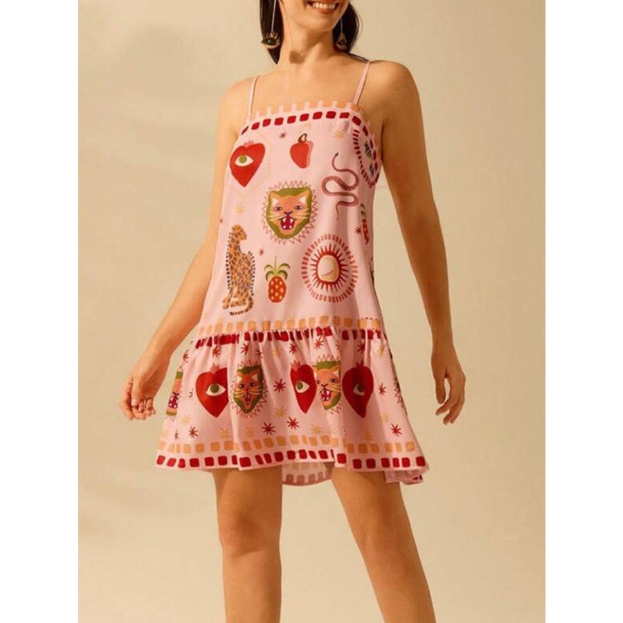 Printed Ruffle Hem Mini Dress Pink / S Apparel and Accessories