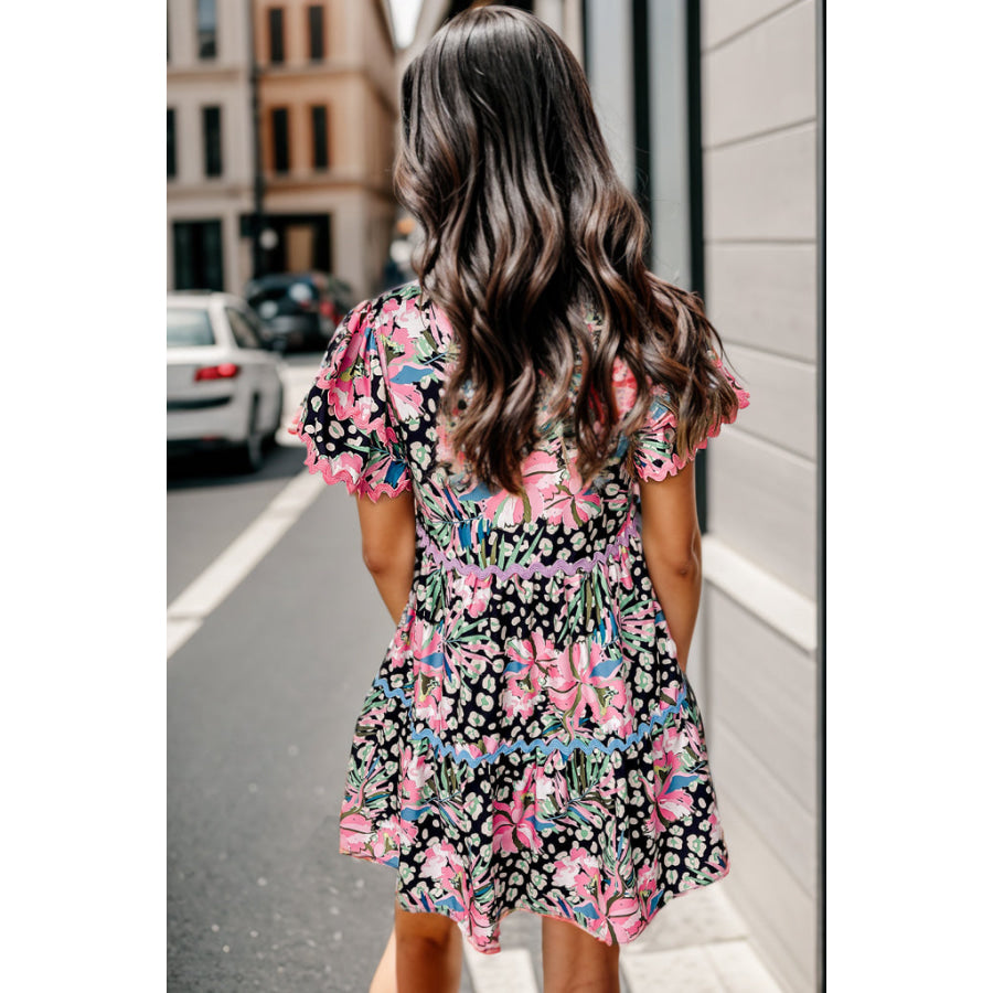 Printed Ruffle Hem Short Sleeve Mini Dress Apparel and Accessories