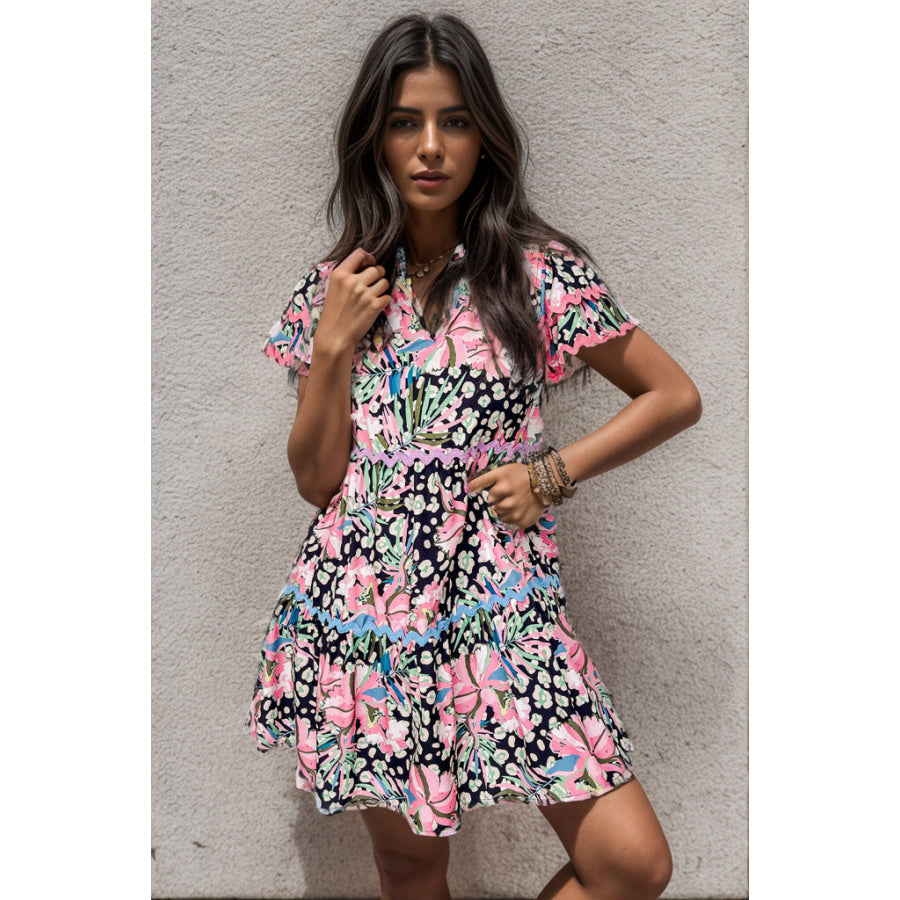 Printed Ruffle Hem Short Sleeve Mini Dress Black / S Apparel and Accessories