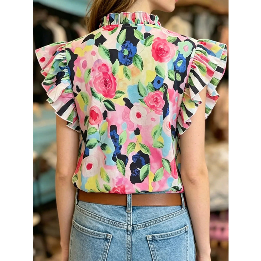 Printed Ruffle Sleeve Blouse Apparel and Accessories