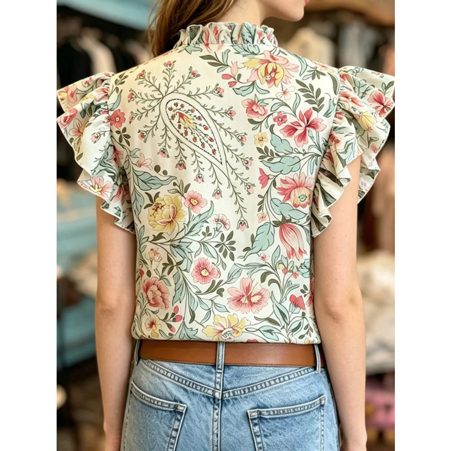 Printed Ruffle Sleeve Blouse Apparel and Accessories