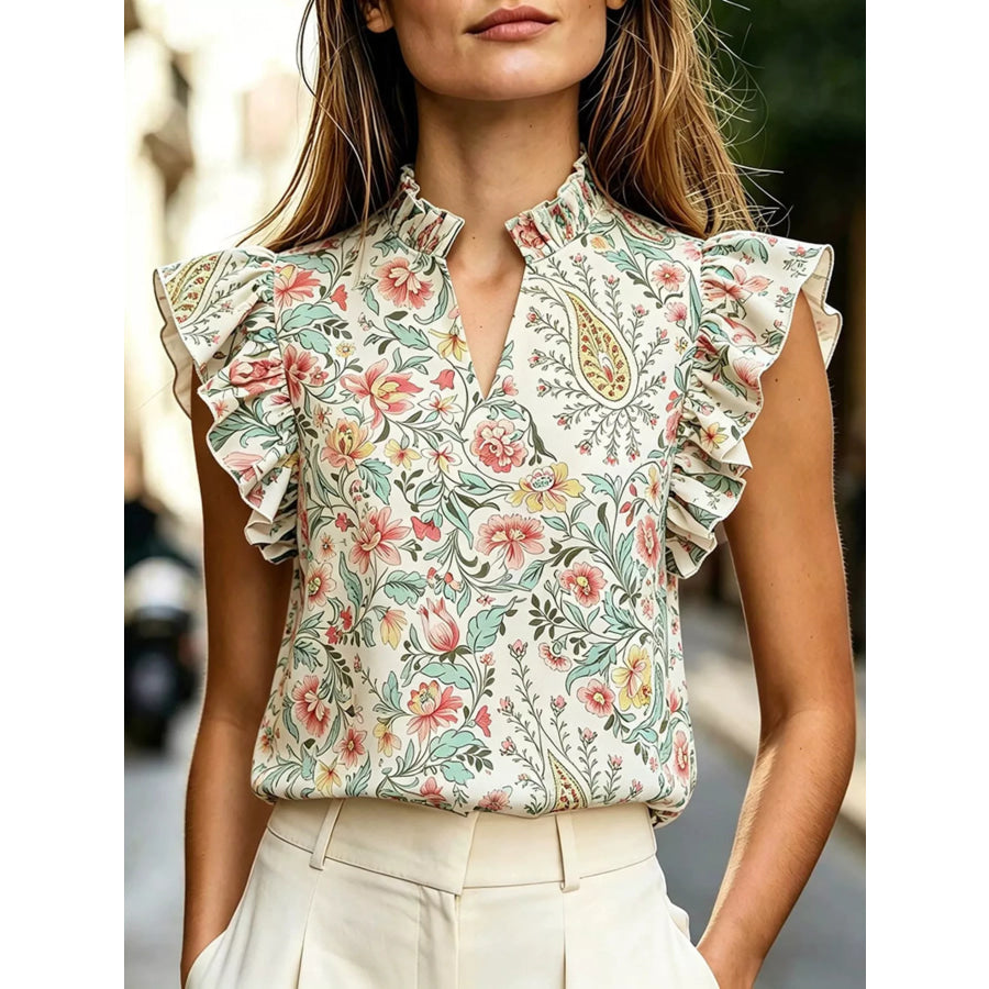 Printed Ruffle Sleeve Blouse Apparel and Accessories
