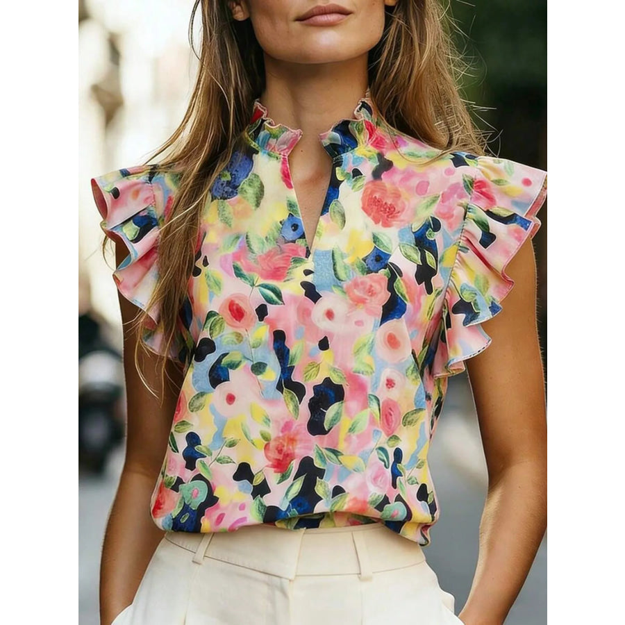 Printed Ruffle Sleeve Blouse Apparel and Accessories