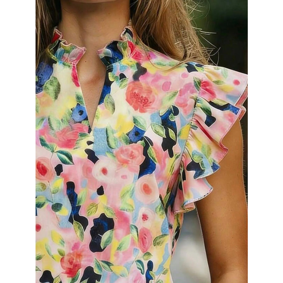 Printed Ruffle Sleeve Blouse Blush Pink / S Apparel and Accessories