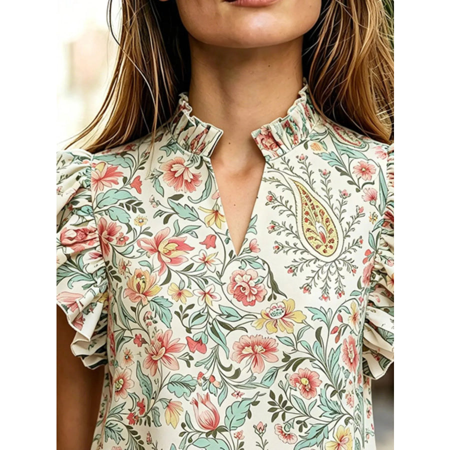 Printed Ruffle Sleeve Blouse Cream / S Apparel and Accessories