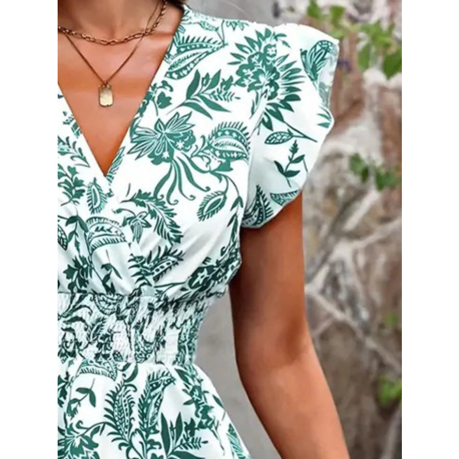 Printed Ruffle Sleeve Smocked Waist Mini Dress Apparel and Accessories
