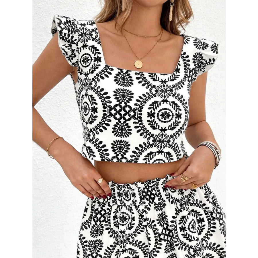 Printed Ruffle Trim Crop Top & Shorts Set Apparel and Accessories