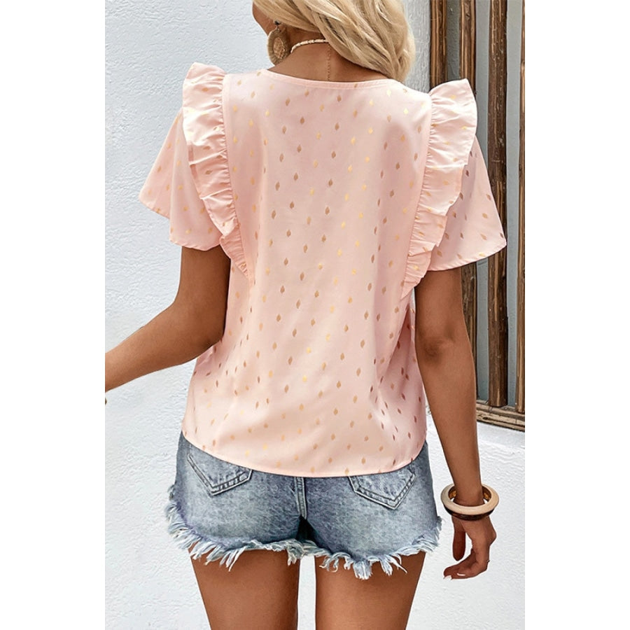 Printed Ruffle Trim Pleated Detail Blouse Peach / S