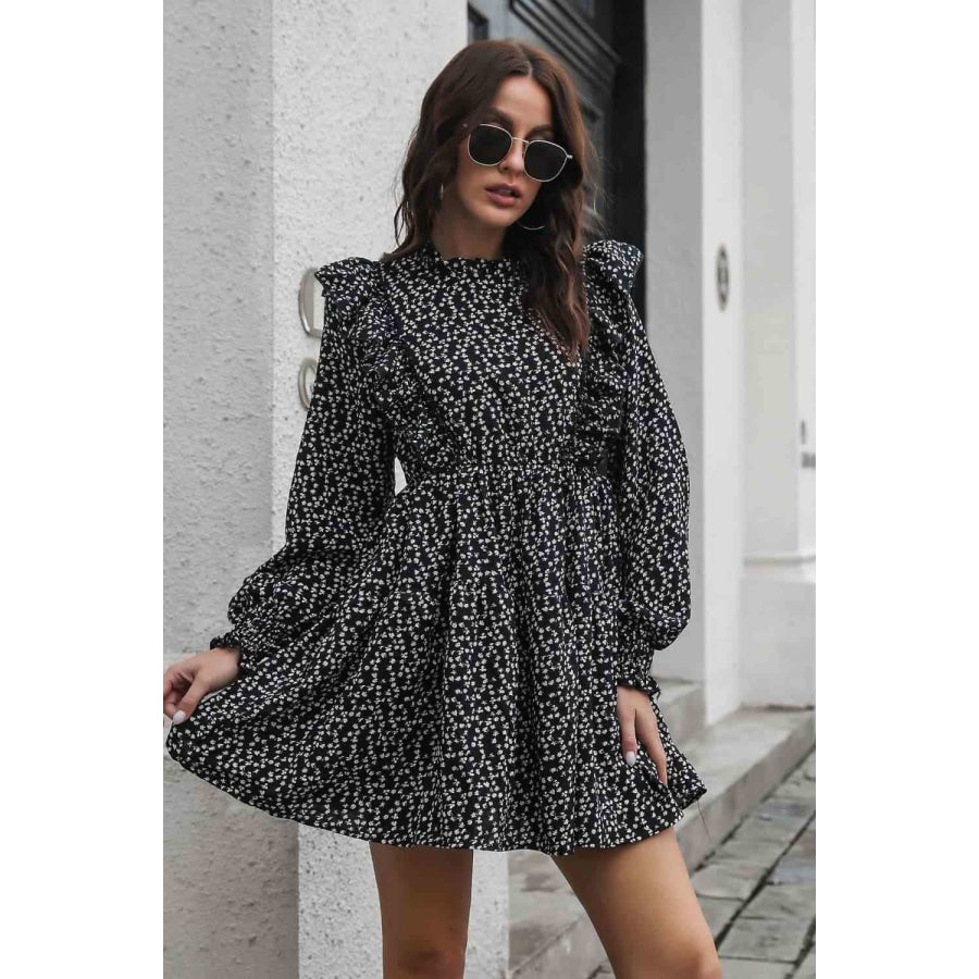 Printed Ruffle Trim Smocked Long Sleeve Mini Dress Black / S Clothing