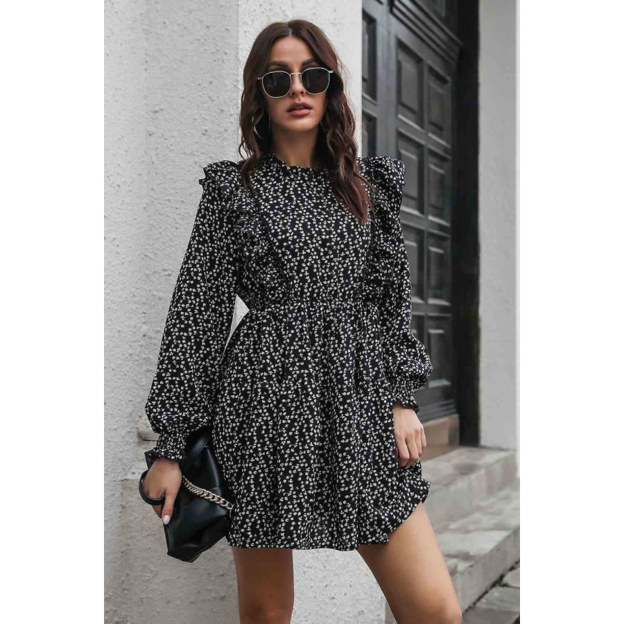 Printed Ruffle Trim Smocked Long Sleeve Mini Dress Clothing