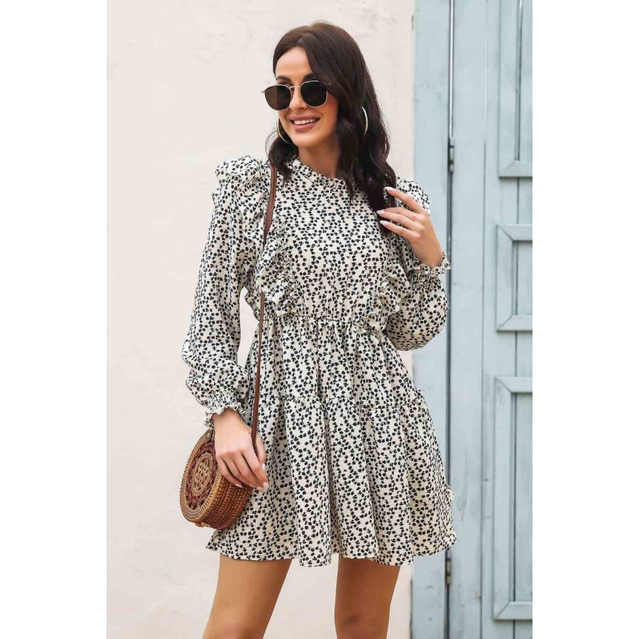 Printed Ruffle Trim Smocked Long Sleeve Mini Dress Clothing