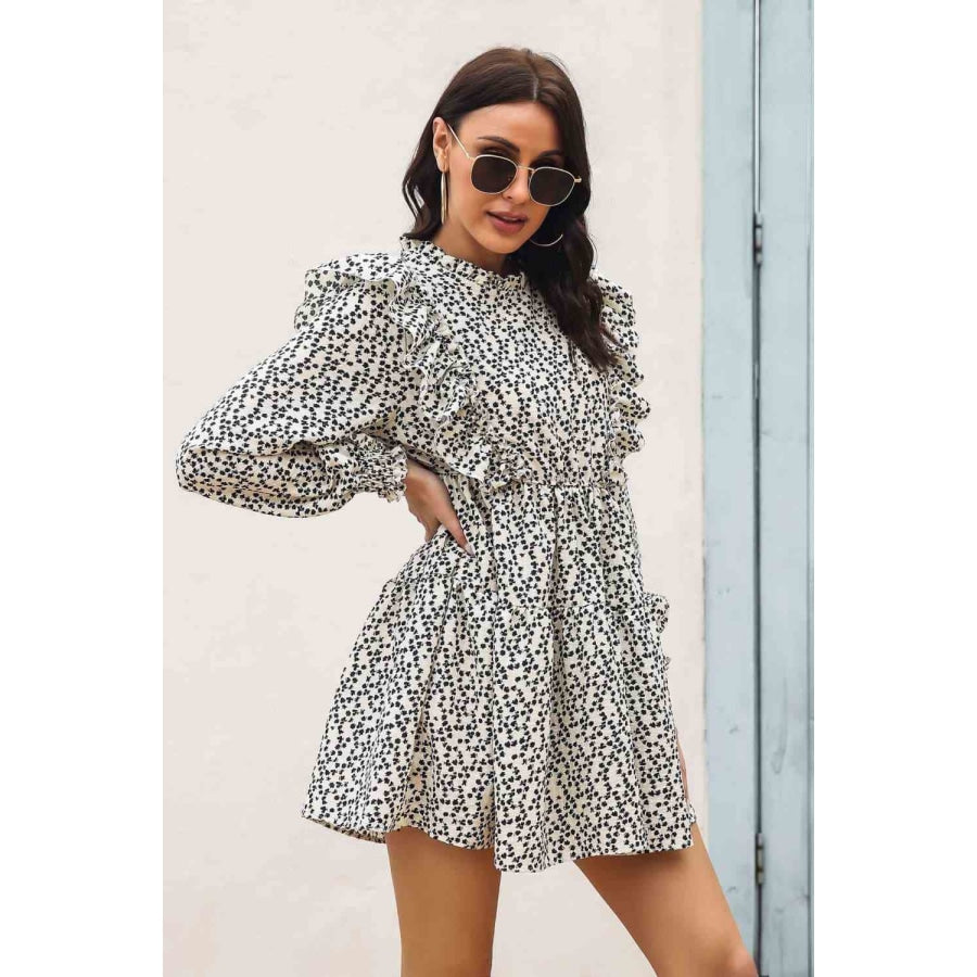 Printed Ruffle Trim Smocked Long Sleeve Mini Dress Clothing