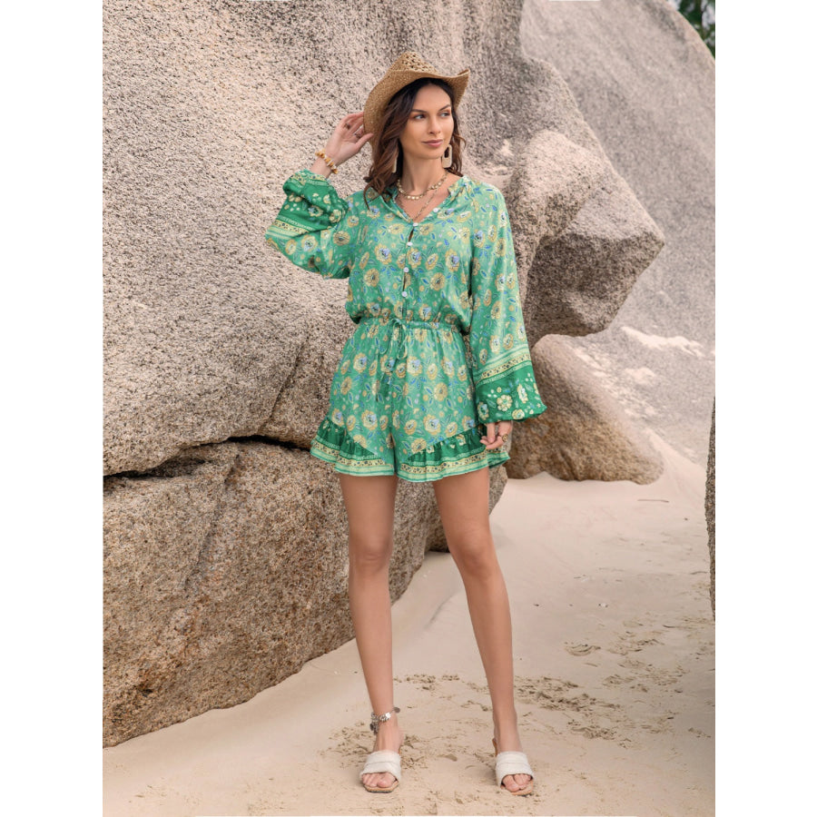 Printed Ruffled Balloon Sleeve Romper Apparel and Accessories