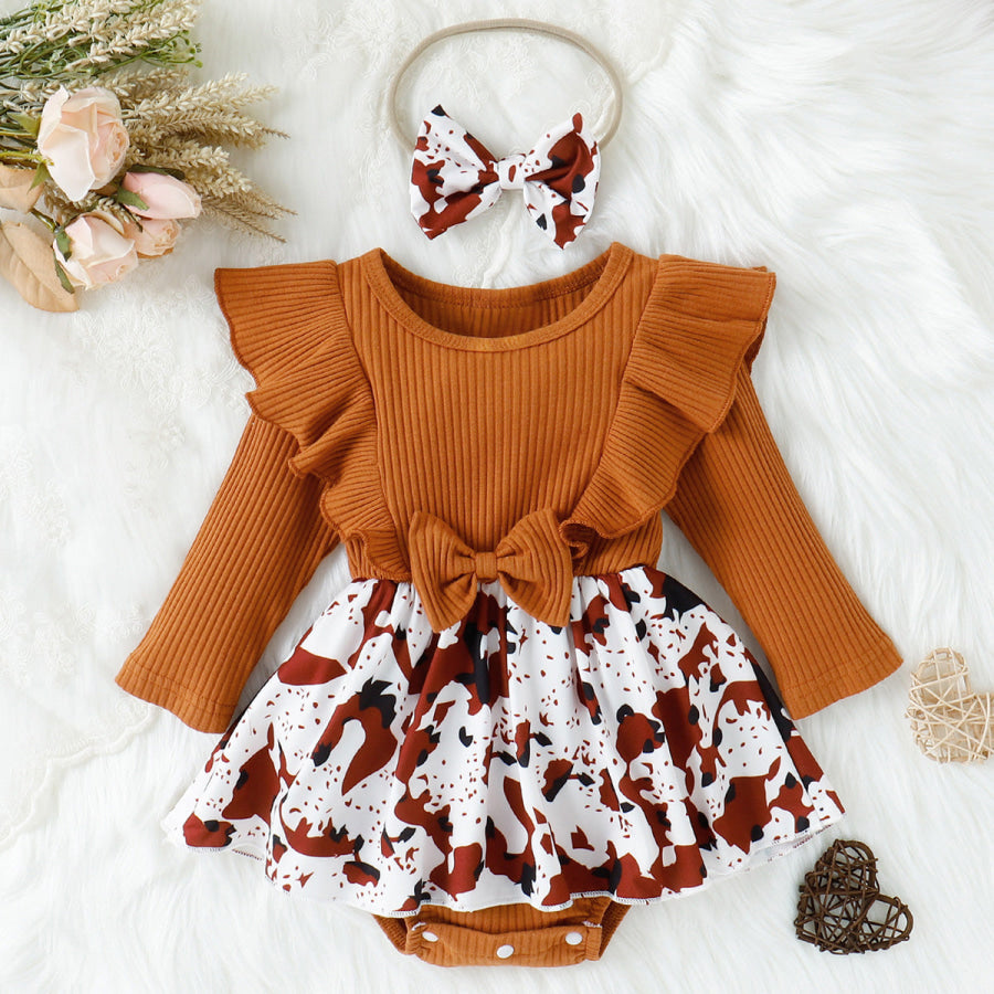 Printed Ruffled Bow Round Neck Bodysuit Dress Apparel and Accessories