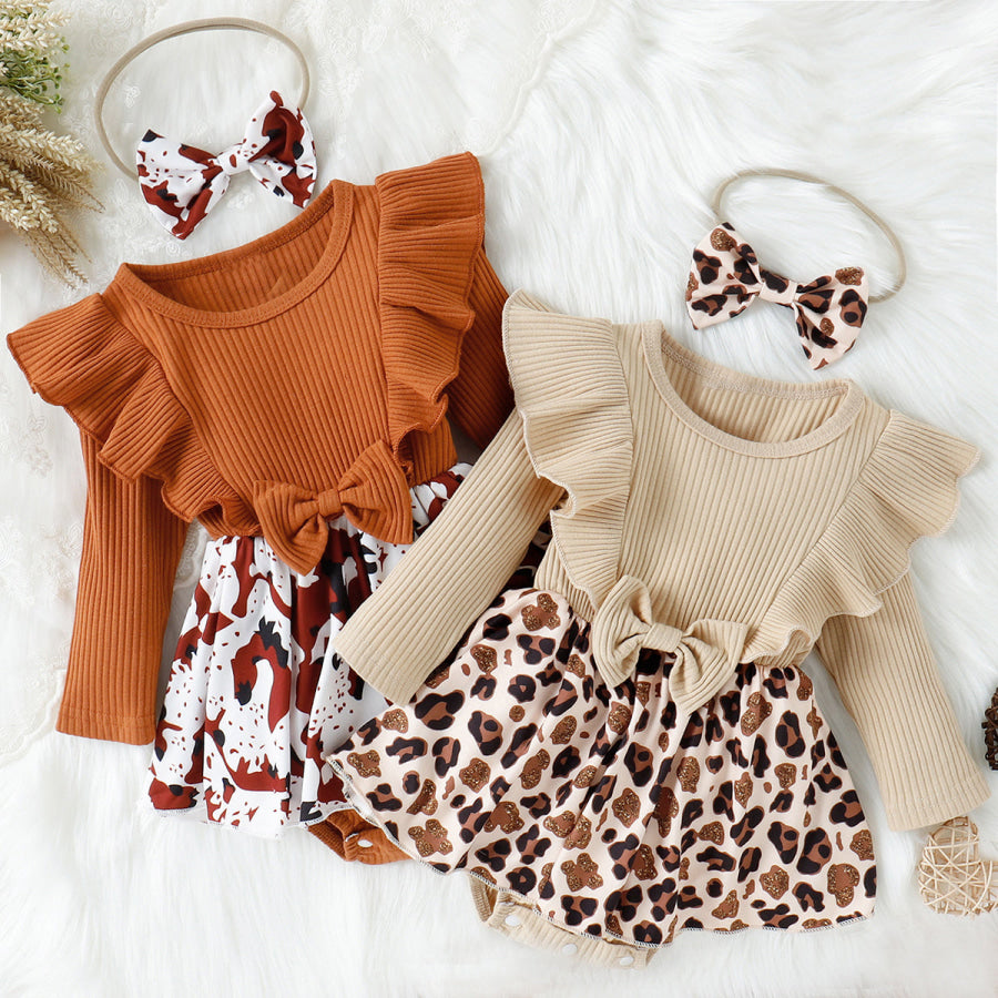 Printed Ruffled Bow Round Neck Bodysuit Dress Caramel / 3-6M Apparel and Accessories
