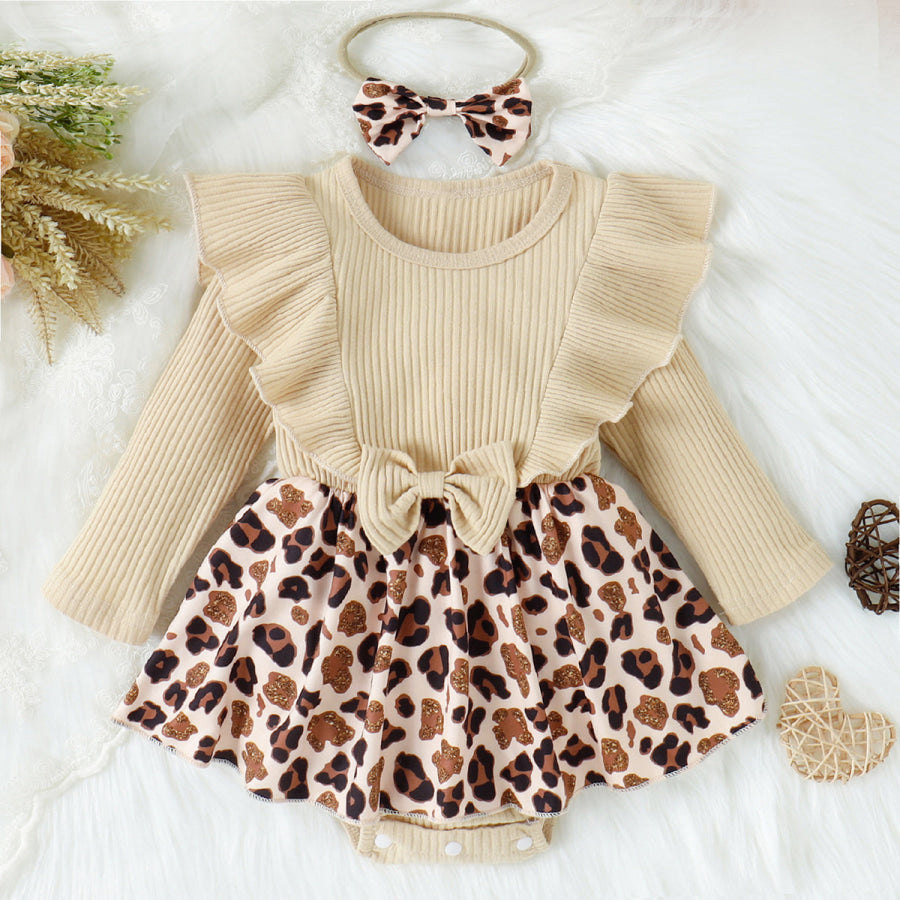 Printed Ruffled Bow Round Neck Bodysuit Dress Cream / 3-6M Apparel and Accessories
